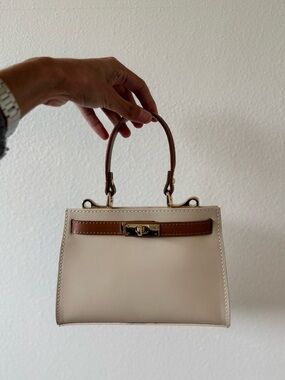 Italian Leather Top-Handle Mini Bag in Beige and Brown